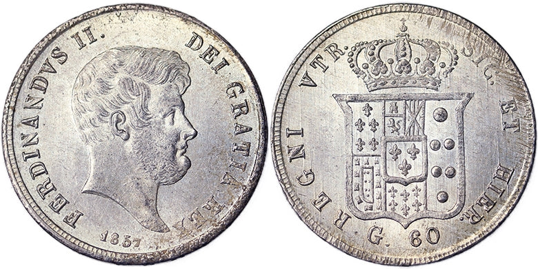 NAPOLI 60 Grana 1857 Ferdinando II di Borbone 1830-59 Raro Q.Fdc #PV769