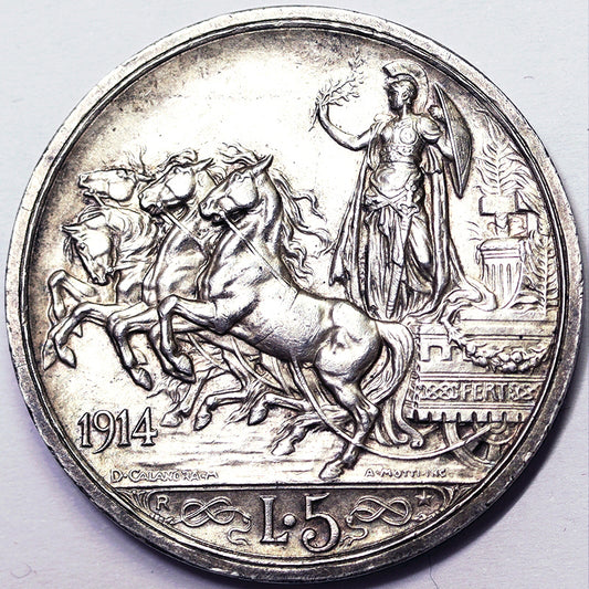 VITTORIO EMANUELE III 5 Lire 1914 Quadriga briosa Ag Meglio di Spl+ RARA #PV298