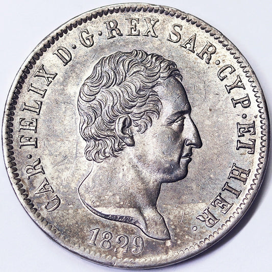 REGNO DI SARDEGNA 5 Lire 1829 GENOVA Carlo Felice 1821-31 Ag Q.Fdc #4361