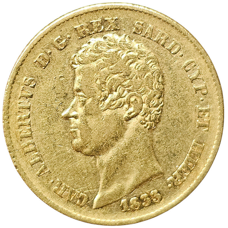 20 Lire 1833 Carlo Alberto zecca di Torino Au Raro BB+ # PV235