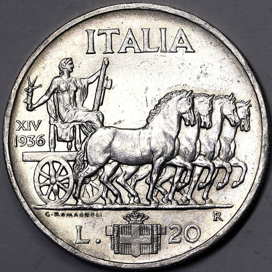 VITTORIO EMANUELE III 20 Lire 1936 Impero Ag RARO Spl+ #PV268