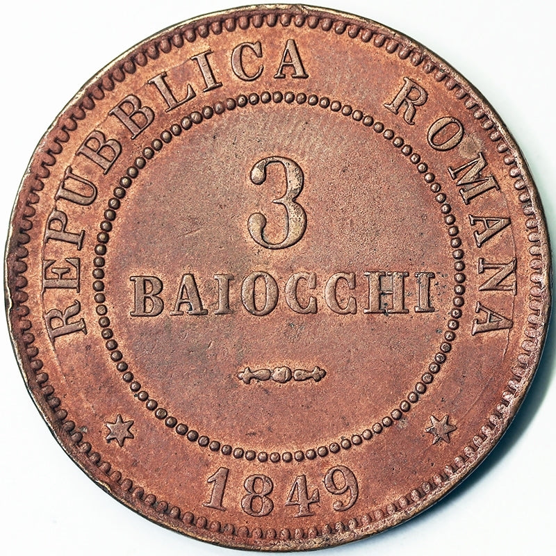 REPUBBLICA ROMANA 3 Baiocchi 1849 Roma I° tipo Spl #4598