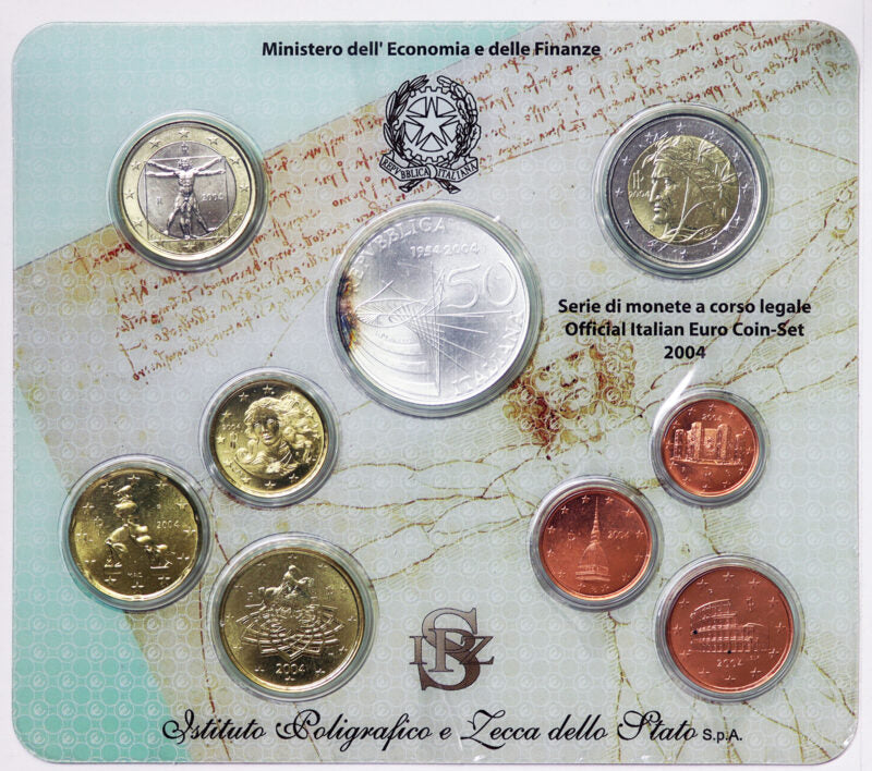 ITALIA 2004 : Serie divisionale 9 valori Fdc 50° Trasmissioni Televisive ossidazione alla moneta da 5 euro