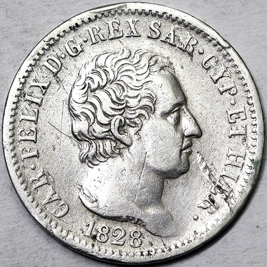 REGNO DI SARDEGNA Carlo Felice 1 Lira 1828 Torino Raro Q.BB #PV109