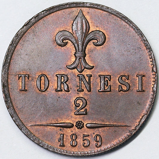 REGNO DUE SICILIE 2 Tornesi 1859 NAPOLI Francesco II di Borbone 1859-60 rame rosso Fdc #PV43