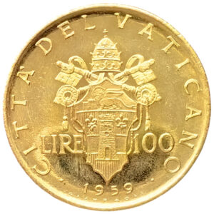 100 LIRE 1959 Anno I Giovanni XXIII 1958-63 CITTA’ DEL VATICANO Au.900 5,19 g Raro Fdc #PV265