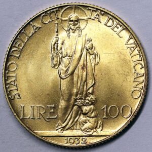 * VATICANO 100 Lire 1932 PIO XI 1929-38 Au RARO Fdc #PV330