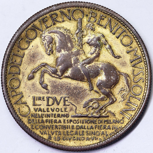 VITTORIO EMANUELE III Buono da 2 Lire 1928 Esposizione di Milano rame dorato BB #4817