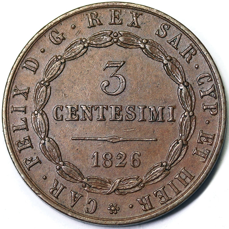 REGNO 3 Centesimi 1826 Bologna CARLO FELICE 1821-31 Rame SPL/FDC #1902