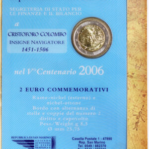 San Marino 2006: 2 Euro Fdc 500° anniversario della morte di Cristoforo Colombo