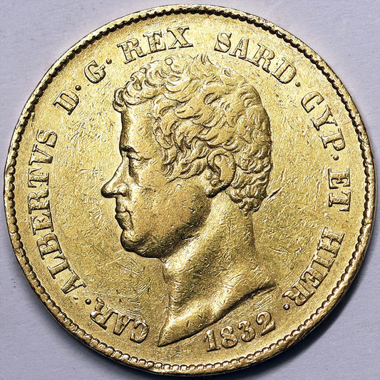 * REGNO DI SARDEGNA Carlo Alberto 20 Lire 1832 Torino FERT Au BB Raro #PV748