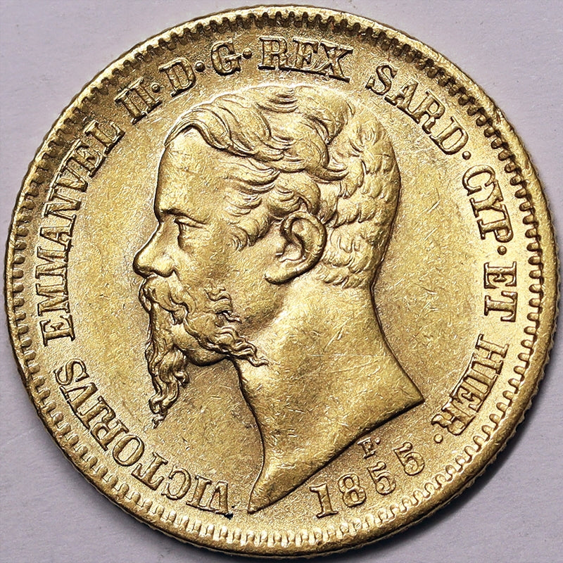 * REGNO DI SARDEGNA Vittorio Emanuele II 20 Lire 1855 Torino Au Spl+ Variante P. al posto di F. sotto il collo #PV743