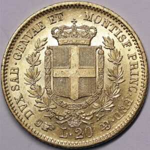 * REGNO DI SARDEGNA Vittorio Emanuele II 20 Lire 1855 Torino Au Spl+ Variante P. al posto di F. sotto il collo #PV743