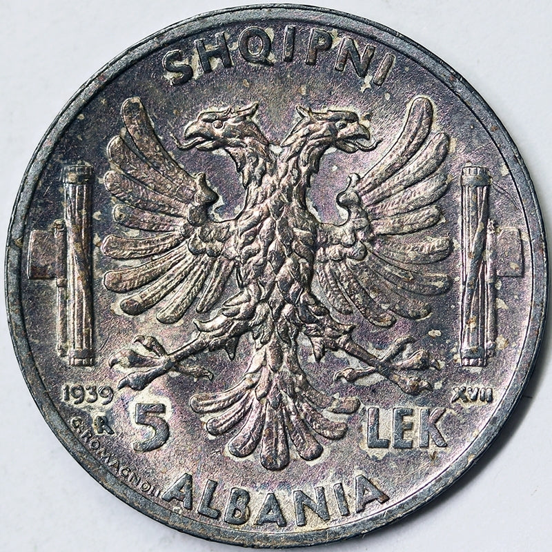 ALBANIA 5 Lek 1939 VITTORIO EMANUELE III Ag Q.Spl #P506