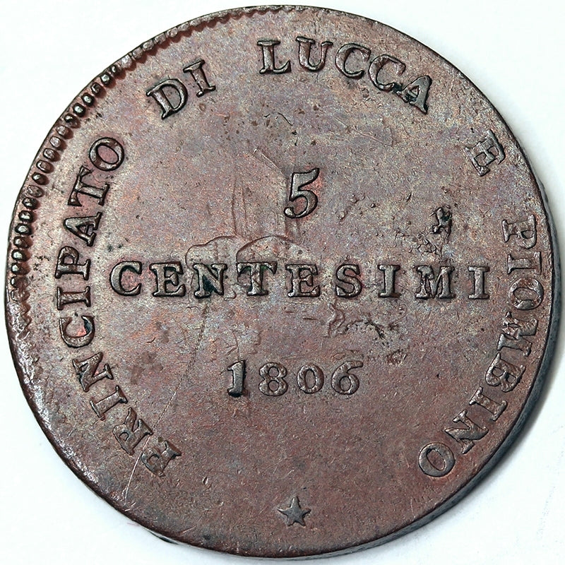 LUCCA E PIOMBINO 5 centesimi 1806 Firenze ELISA BONAPARTE E FELICE BAIOCCHI 1805-14 RARO SPL/Q.FDC #P113