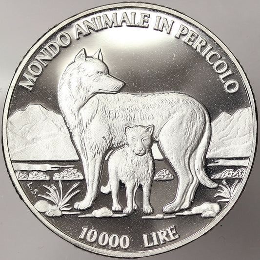 SAN MARINO 10000 Lire 1996 MONDO ANIMALE IN PERICOLO PROOF Ag #4557