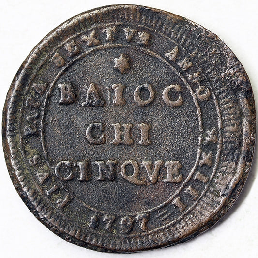 STATO PONTIFICIO 5 Baiocchi 1797 ANNO XXIII Roma PIO VI 1775-99 BB #4267